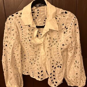 ZARA WHITE EYELET LONG SLEEVE TOP